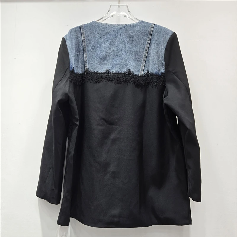 Autumn Fashion Lace Cowboy Patchwork Black Suit Jacket Casual V-Neck Single-Breasted Long Sleeve Female Blazers Coat Streetwear