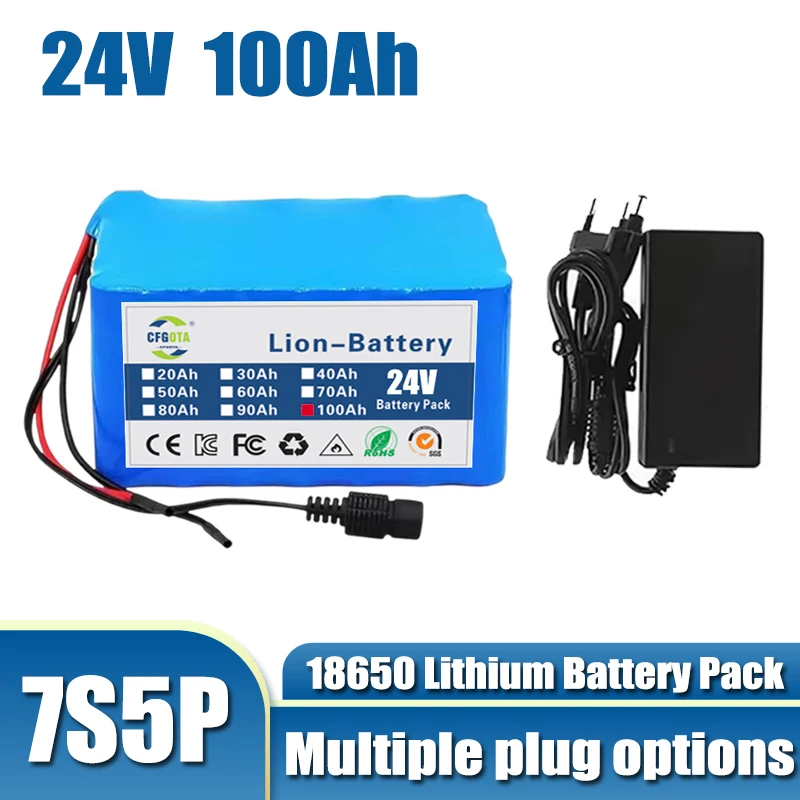24V 7S5P 18650 battery 100000mAh rechargeable lithium-ion battery pack+29.4V charger, suitable for electric scooters