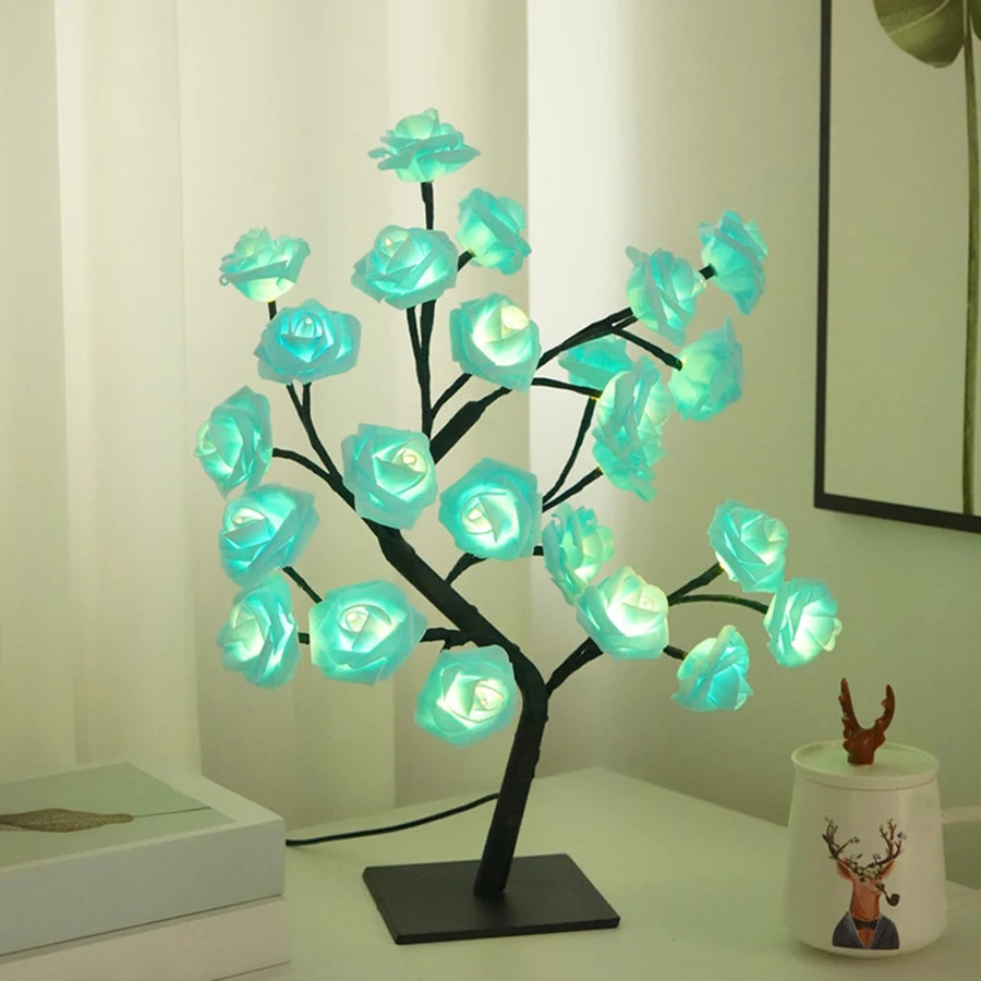 LED simulation rose tree light, detachable plastic base, USB switch, decorative night light