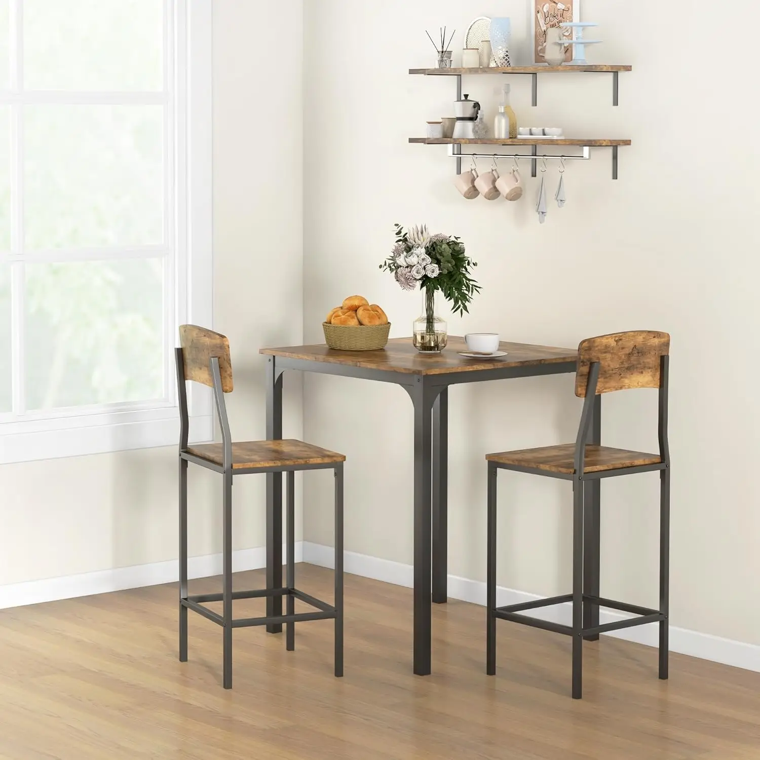 3 Piece Counter Height Bar Table and Chairs Set, Industrial Small Dining Table Set for 2, Square Kitchen Table and Stools with