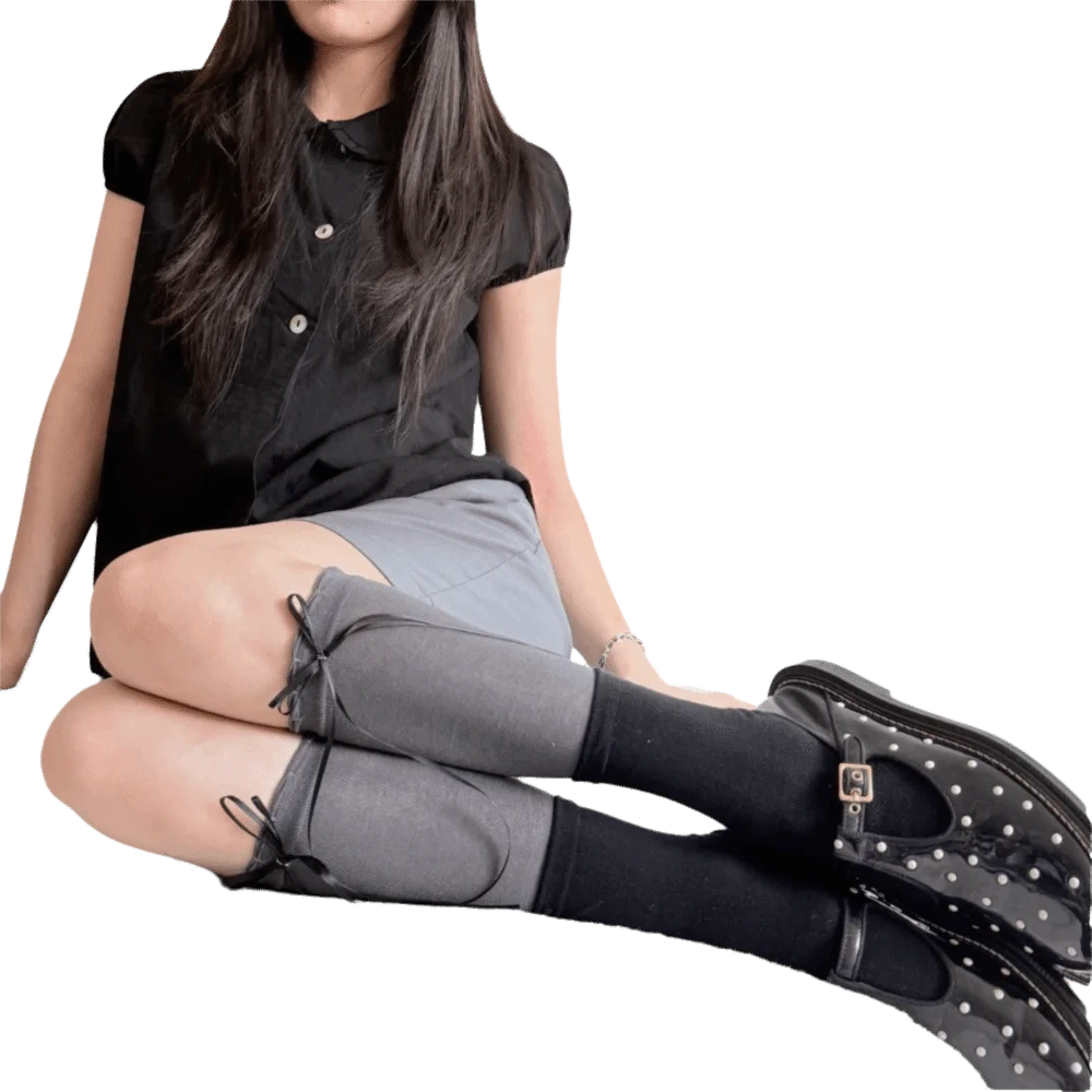 1Pair Sweet Ballet Splicing Bow Knee High Socks Cotton Colorful Over-the-knee Socks Thin Leg Socks Women Girl