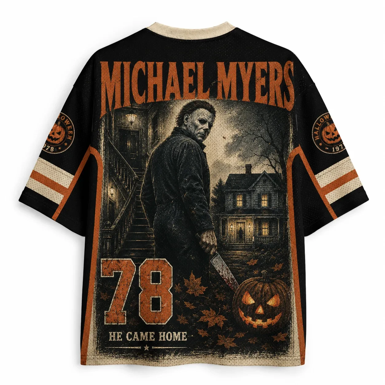 Vintage Halloween Jersey, Jack-o'-lantern Pumpkin Knife Spooky Haunted House Night 3D Print Unisex Streetwear for Trick or Treat