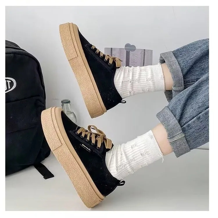 2023 Soft Suede Leather Casual Shoes Women Sneakers Clogs Platform All-Match Autumn New Round Toe Cross-tied   Frosted Flats