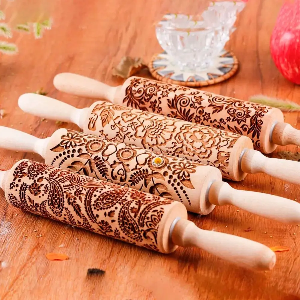 Wooden Sunflower Embossed Rolling Pin With Pattern For Kitchen Pastry, Baking Tools, Deep Engraving Cookies Stamp