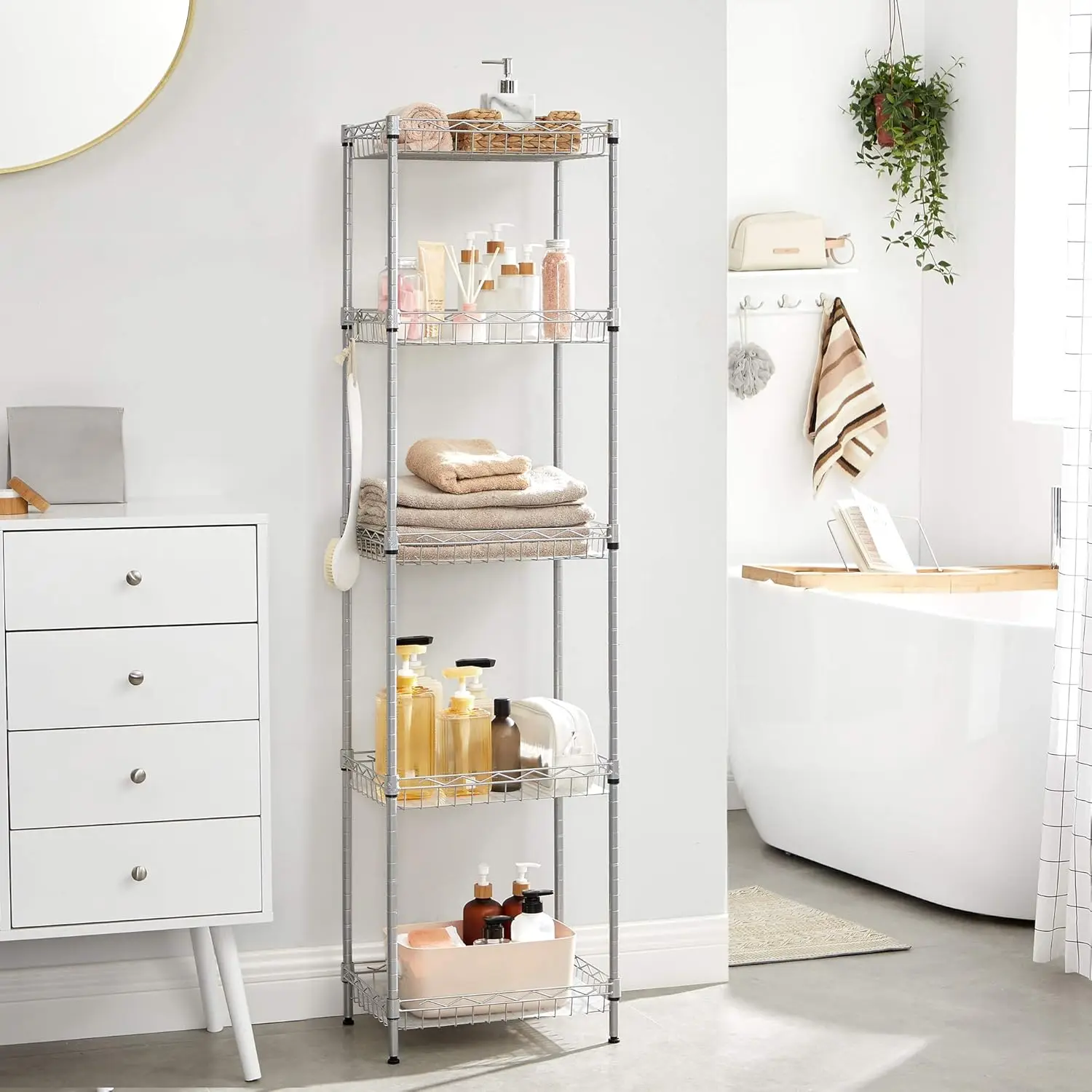 SONGMICS Metal Storage Shelf, Wire Basket Shelving Unit, Kitchen Storage Rack, 4 Hooks, PP Sheets, Adjustable Shelves