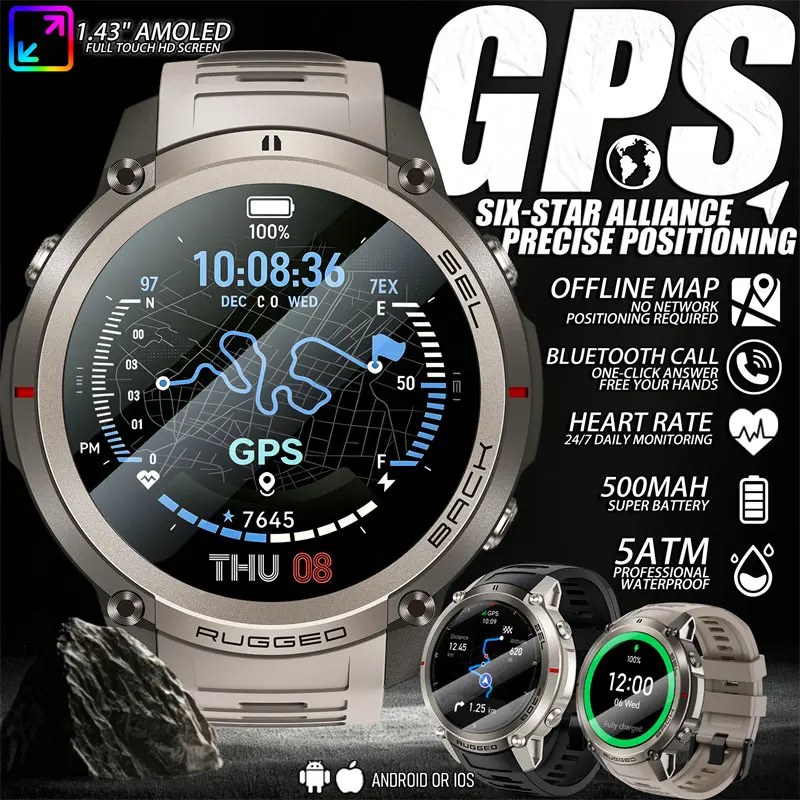 2026 New Six-Star Gps Smart Watch 1.43-Inch Amled Hd Offline Map Bluetooth Call 5Atm Professional Waterproof Fitness Bracelet