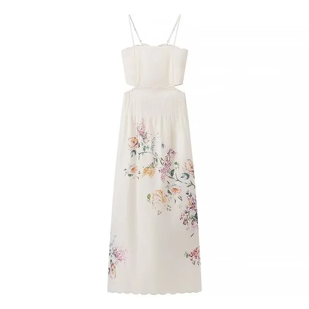 UNIZERA, vestido estampado con bordado calado en la cintura a la moda para mujer, novedad de verano, falda con tirantes sin mangas estampada con hombros descubiertos