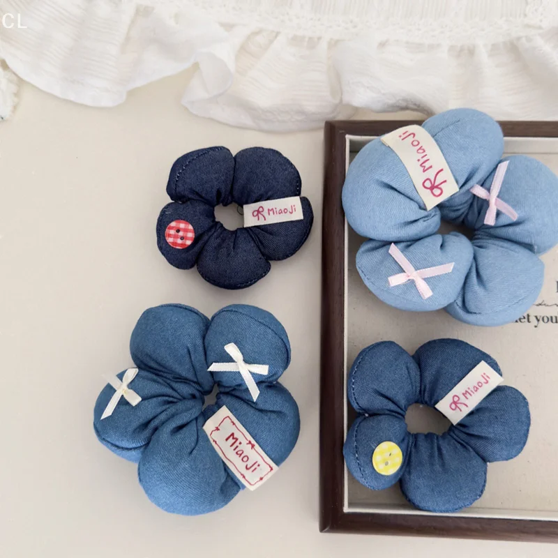 

Korean Blue Flower Scrunchie Headdress Women Girls Trendy Design Rubber Elastic Hair Band Vacation Hair Accessories