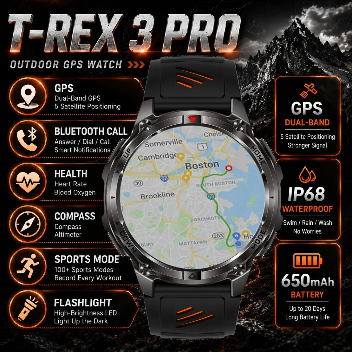 New T-Rex3 Ultra GPS Track Smart Watch Men：680mAh Battery Compass IP68 Waterproof Compass Outdoors Sports Tracker Smartwatches