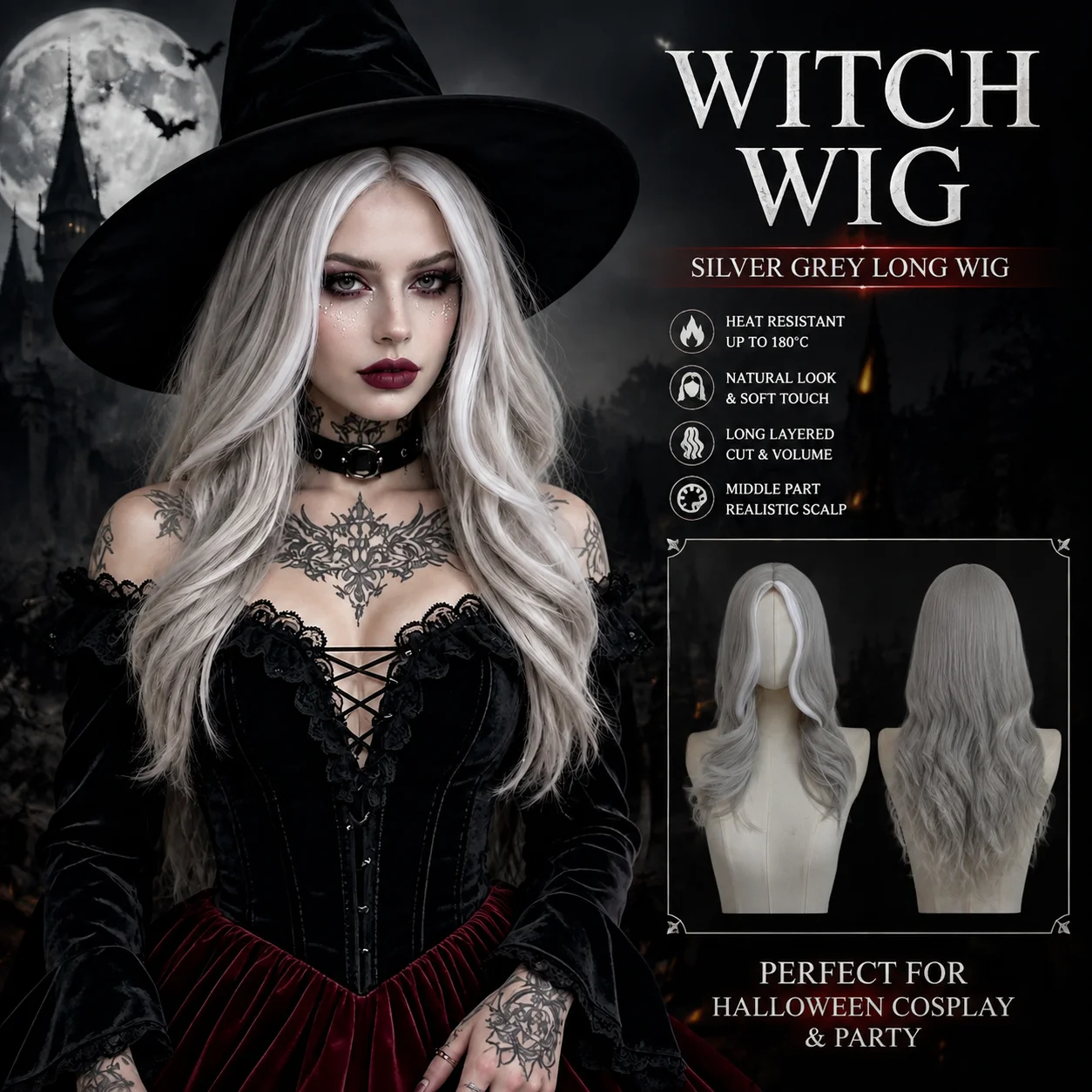 Silver White Long Wavy Synthetic Wig Middle Part High Temperature Hair For Women Halloween Witch Cosplay Costume Party
