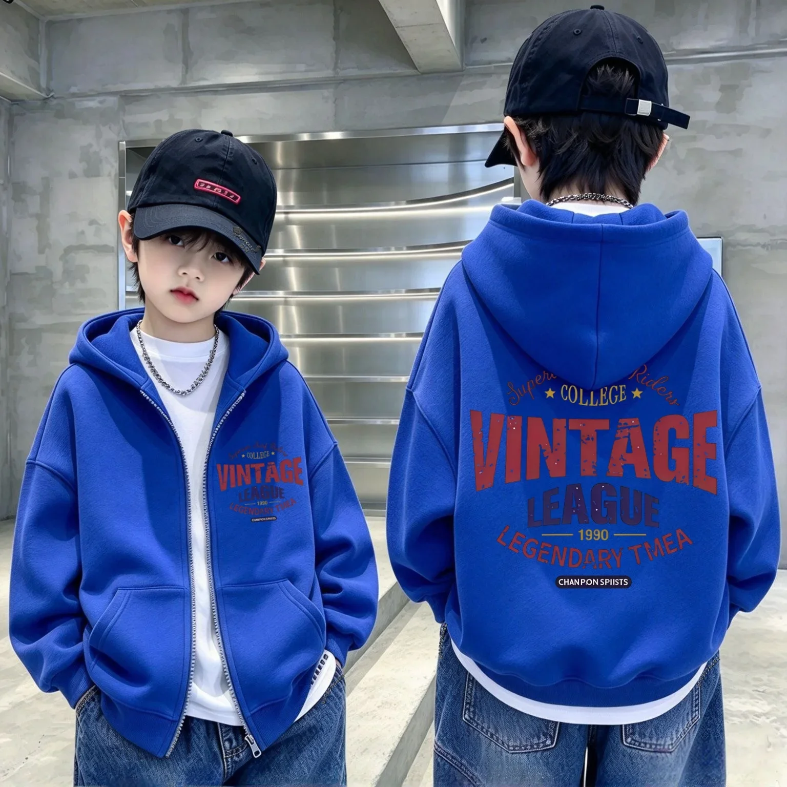 Kids' zip-up hoodie featuring a vintage-style varsity letter graphic; a streetwear-inspired hooded jacket for boys and girls.