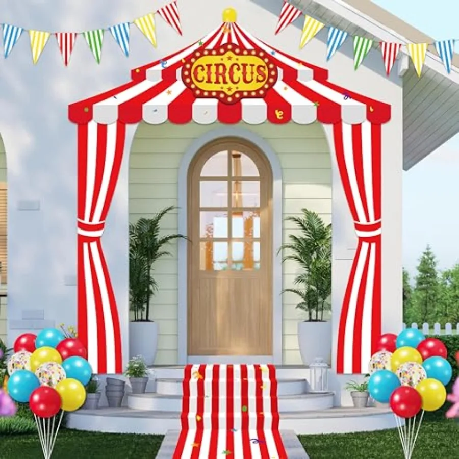 

30pcs Circus Carnival Party Decorations Set Red Tent Door Banner Kit with 24 Balloons, 2 Pennant Banners, 1 Aisle Runner for Cl