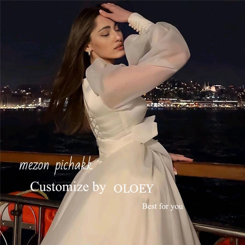 OLOEY Modest A Line Silk Organza Wedding Dresses Puff Long Sleeves Square Neck Bow Belt Korea Simple Bridal Gowns Corset Back