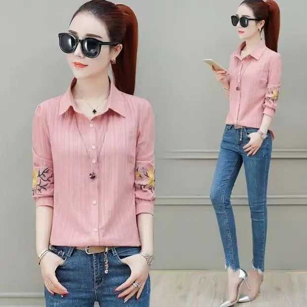 Ele Long Sve للسيدات irt 95% قطن مطرز بالزهور بقصة ضيقة وطبقة أساسية ربيعية عصرية كورية بياقة Sle B...