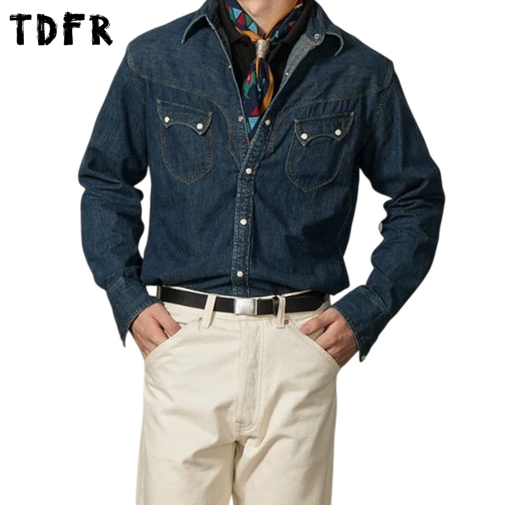 Pocket Denim Shirts Mens Retro Cargo Autumn Washed Distressed Single Breasted Lapel Long Sleeve Round Hem Shirts Man