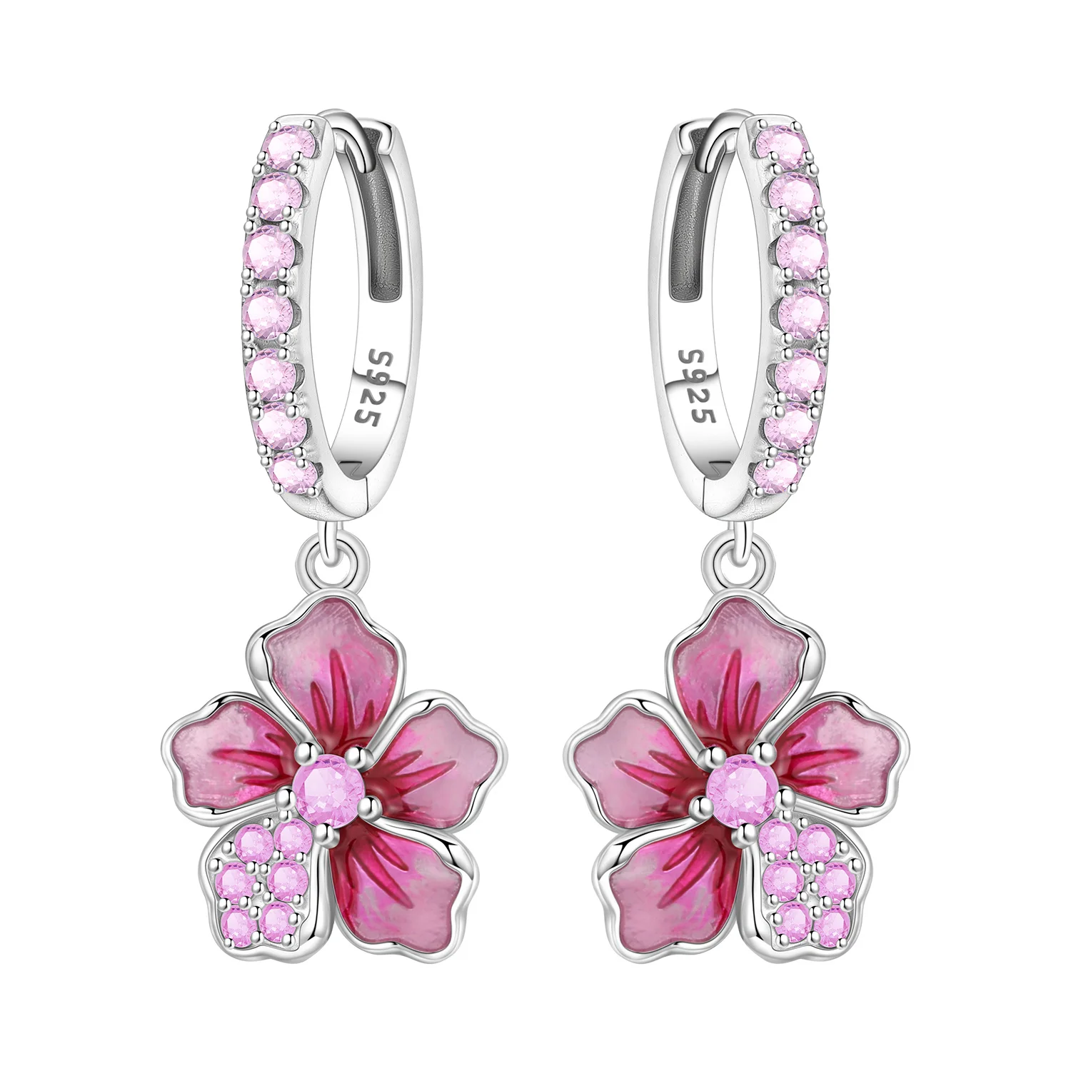 925 Sterling Silver Flower Earring Exquisite Pink Woodland Orchid Cherry Blossom Earring for Women Fashion Jewelry Birthday Gift