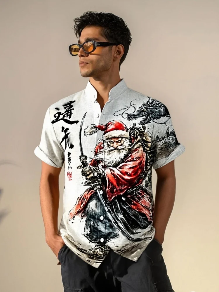 

Рубашки с 3D принтом для праздника, Рождества, повседневные свободные 2026, однобортная туника с короткими рукавами, мужская льняная одежда, летняя одежда