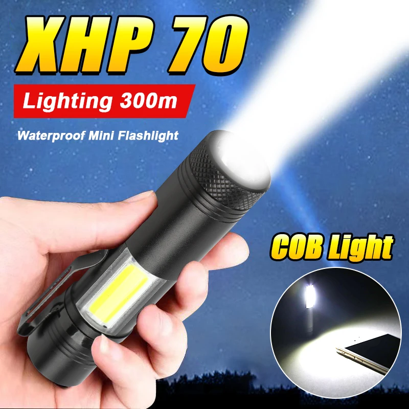 

Latest Ultra Mini Flashlight XHP70 Portable Flashlight With COB Light Waterproof Pocket Torch Key Chain Camping Work Lantern