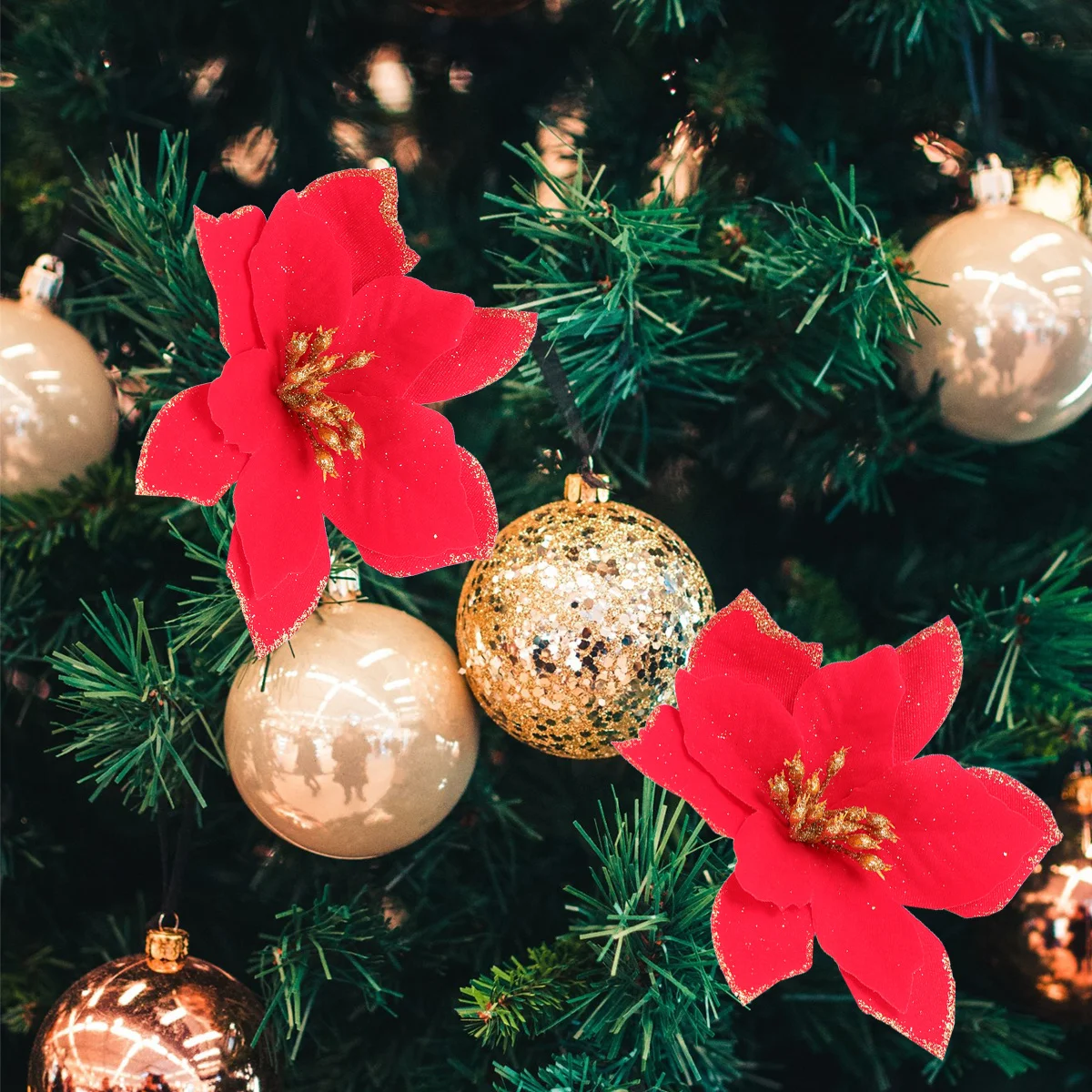 

24pcs Christmas Flower Decoration Gold Dust Cloth Simulation Flowers For Christmas Tree Ornament Party Decor Fake Three Layers