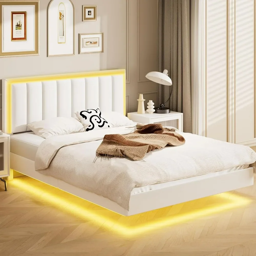

Floating Full bed frame with LED Lights,Upholstered Bed Frame Full with Headboard, Solid Wood Slats Support,Fulls Size Bed Frame