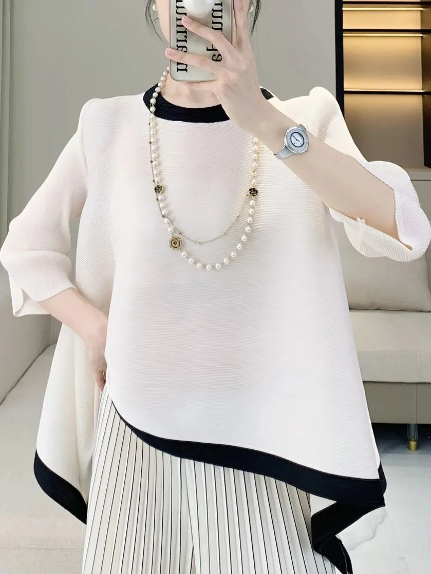 Summer New Loose Fit round Neck Seven Sleeve T-Shirt Folded Japanese Style Top plus Size Casual Versatile Polyester Fiber
