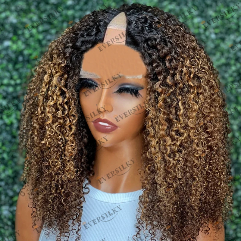 

Golden Brown Ombre Kinky Curly Human Hair Women Wigs 1x4 Middle V Part Wigs Glueless Easy Wear Adjustable Opening U Part Wigs