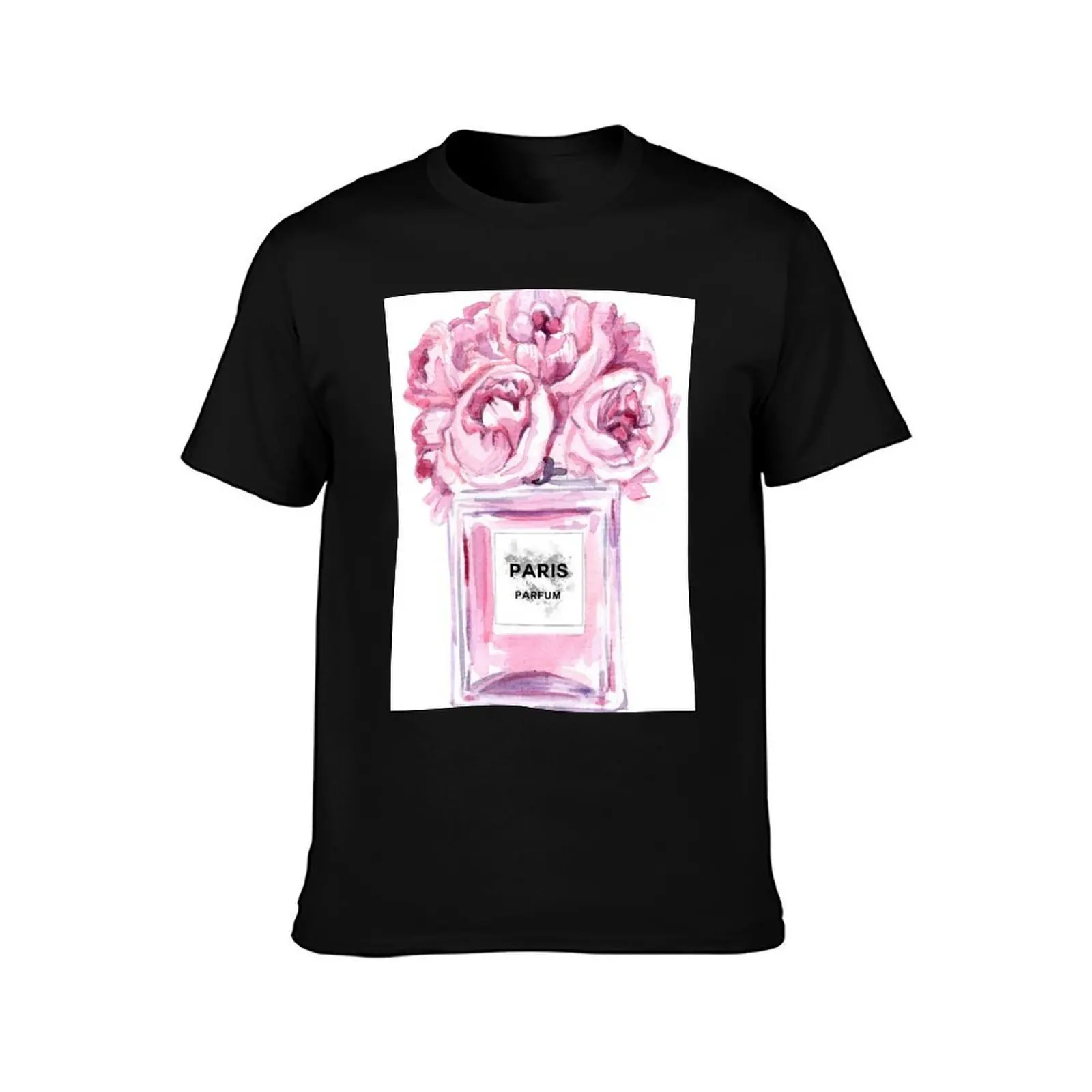 Perfume Bottle Watercolor Painting Hand Painted With Pink Flowers T-Shirt, Summer Casual Cotton Tee, Oversized Streetwear Tops