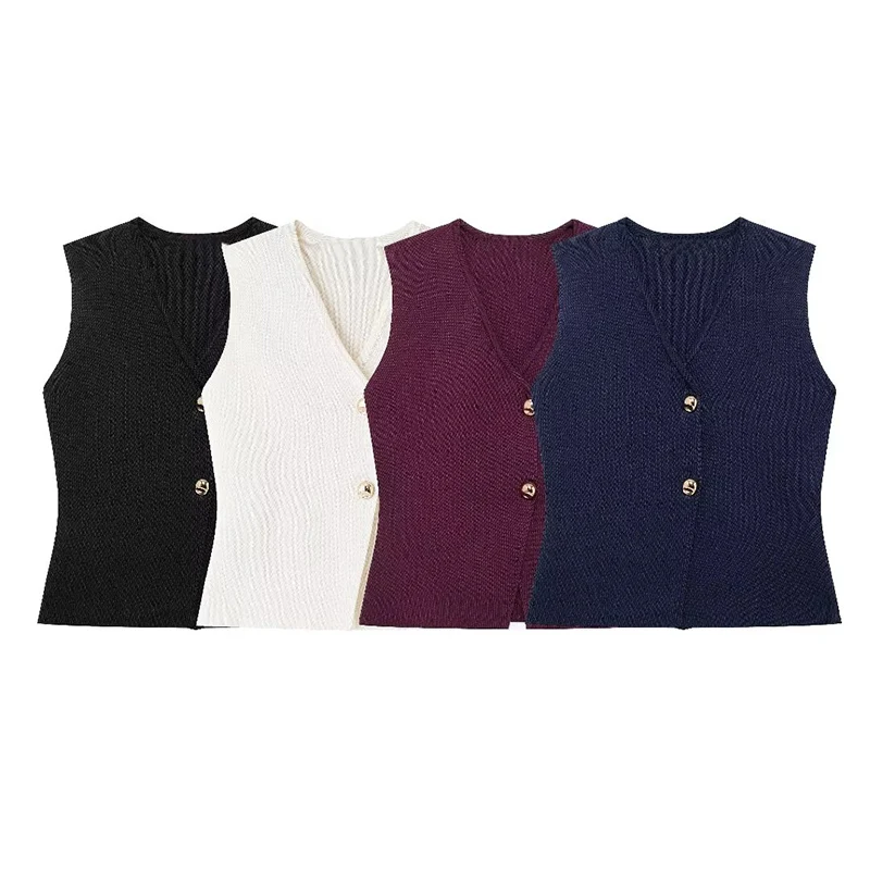 KUCLUT Women Fashion Chic Gold Button Plain Knit Vest Tops Female V-Neck Waistcoats Ladies Cusual Knitwear