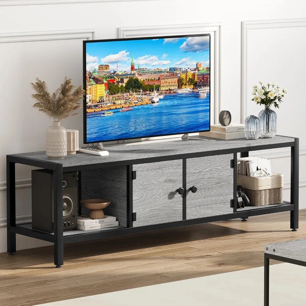 

TV Stand with Storage, Entertainment Center W/Adjustable Leg, TV Console Wooden TV Stand W/Open Shelves for Living Room Bedroom