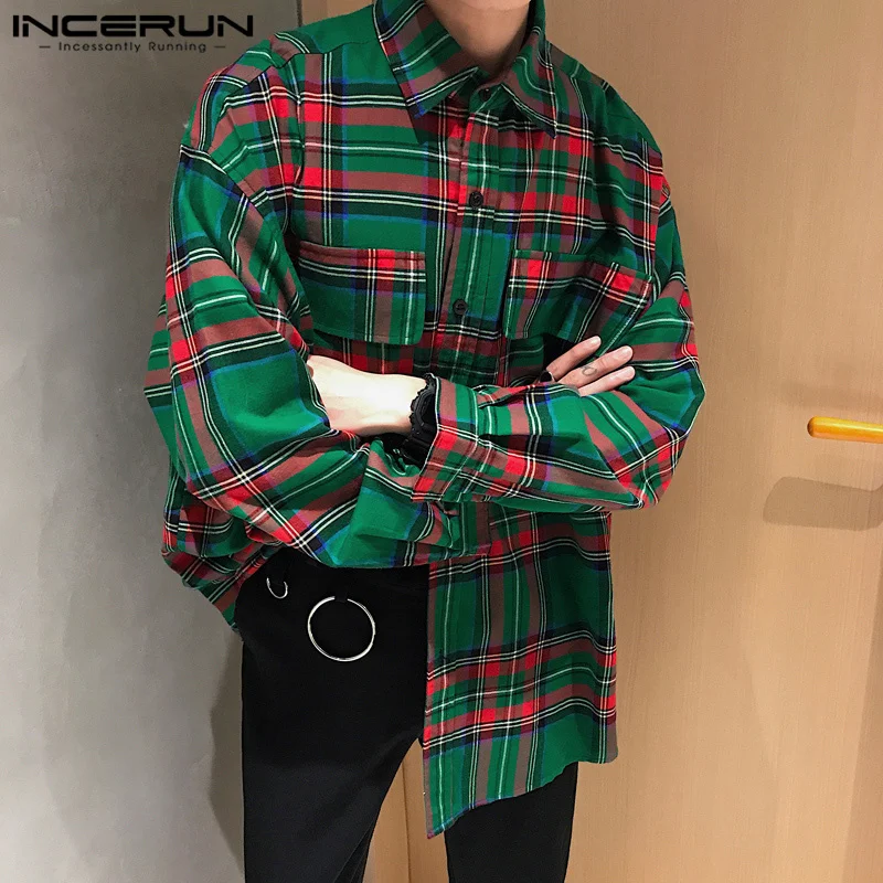 Handsome Well Fitting Tops INCERUN Men Plaid Contrast Color Splicing Shirts Stylish Male Hot Sale Long Sleeved Blouse S-5XL 2025