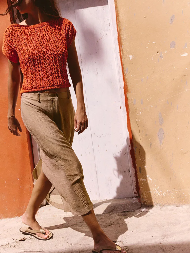 

Spring 2025 Women's Retro Hollow out Simple Wide Sve round Ne Knitted ort Top Commute Sle Slim Fit Single Piece