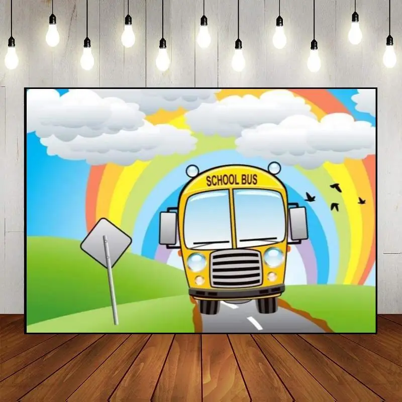 

Kindergarten Wheels Bus Yellow Theme School Back Photography Backdrops Background Party Decoration Custom Birthday Backdrop Wall