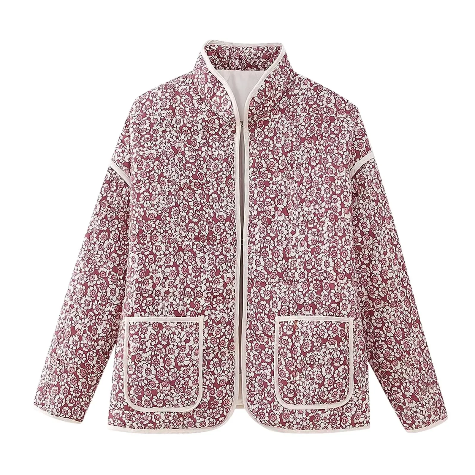 Women Cropped Warm Cotton Jacket Cardigan Pocket Floral Printed Open Front Short Coat Elegant Female Outerwear Chaqueta De Mujer