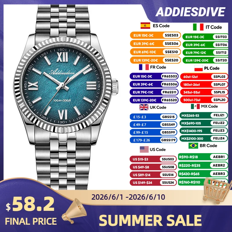 

﻿ ADDIESDIVE Quartz Watches Sapphire Glass 36mm VH31 Gradient Blue BGW9 Luminous WristWatch Waterproof 10Bar Luxury Men's Watc