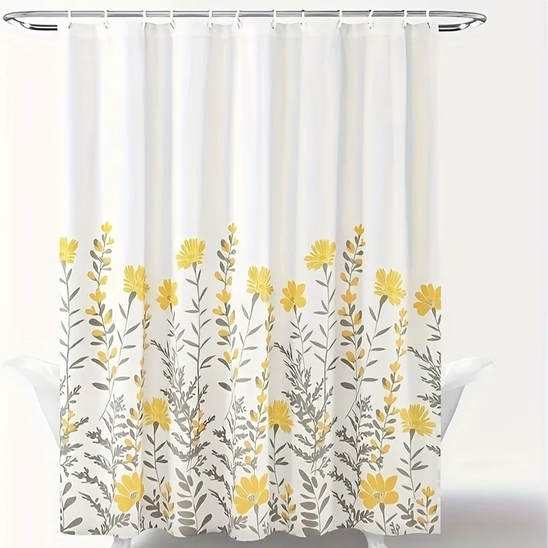 Floral Shower with Hooks - Waterproof, Machine Washable Polyester Bath Curtain in Yellow & Gray - Perfect for All Season