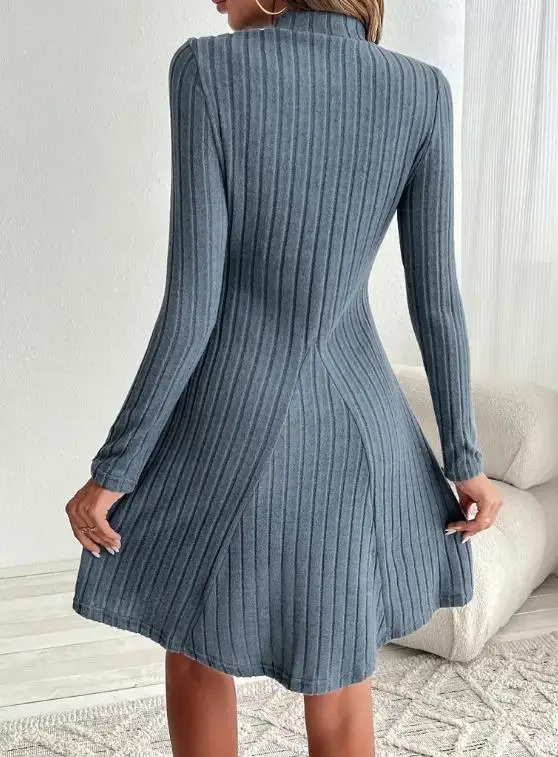 

Autumn 2025 New Women's Slim Fit Semi High Neck Waist Cinched Solid Color A-Line Skirt Long Sleeved Pit Stripe Knitted Dress