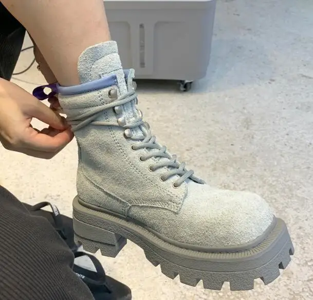 Spring Gray Camel Black Color Thick Sole Square Toe Short Motorcycle Boots Girls 5 CM Height Increasing Lace Up Ankle Booties