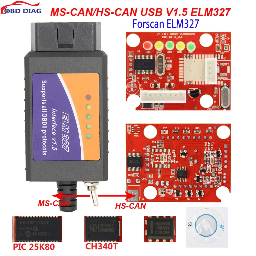 FORscan ELM327 with FTDI  PIC18F25K80 chip with switch USB code Scanner ELM 327 HS CAN and MS CAN Super mini elm327 V1.5 SCANNER