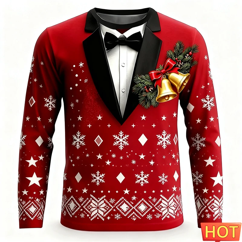 Realistic Red Suit Pattern Christmas Long Sleeve T Shirt For Men Funny Holiday Wear 3D Printed T-shirt Loose Breathable Xmas Tee