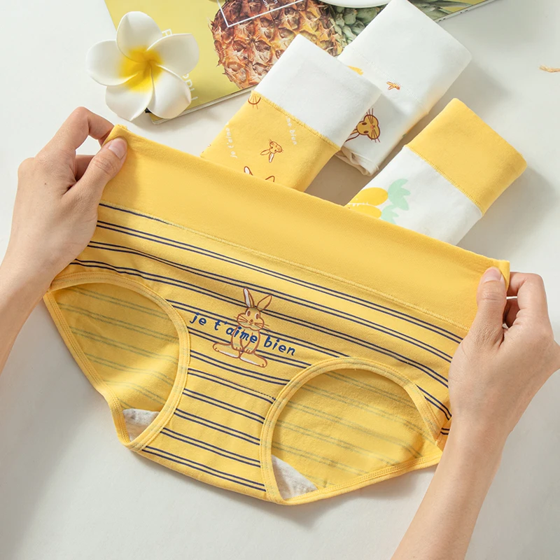 4Pcs High Waist Body Shaper Underwear Women Cotton Panties Plus Size Breathable Cute Print Girls Briefs Soft Female Lingerie
