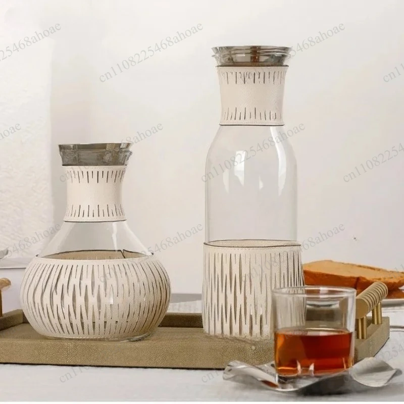 Beige Leather‑Wrapped Thermos Flask Ornament, High‑End Tableware Craft Decor For Home Desktop Display & Photography Prop