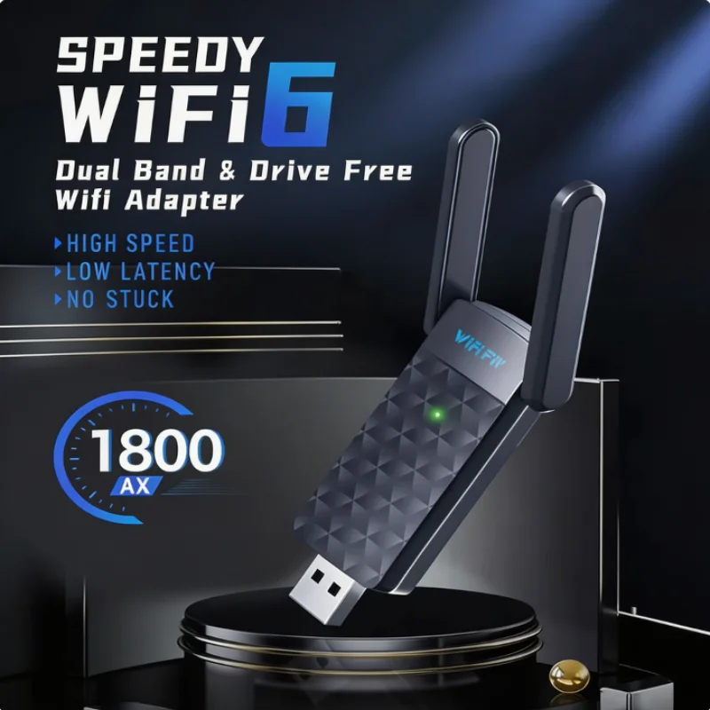 WiFi6 USB3.0 Adapter Gigabit Dual‑Band Wireless Network Card 1800Mbps 5G/2.4GHz WiFi Transmitter Plug‑and‑Play for Windows 10 11