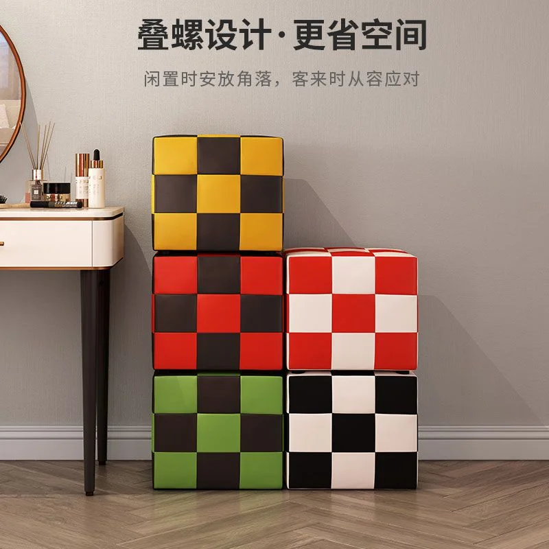 Simple Square Cube Stool Living Room Shoe Changing Stool Black White Green Grid Sofa Stools Makeup Low Stools Ottomans Vanity