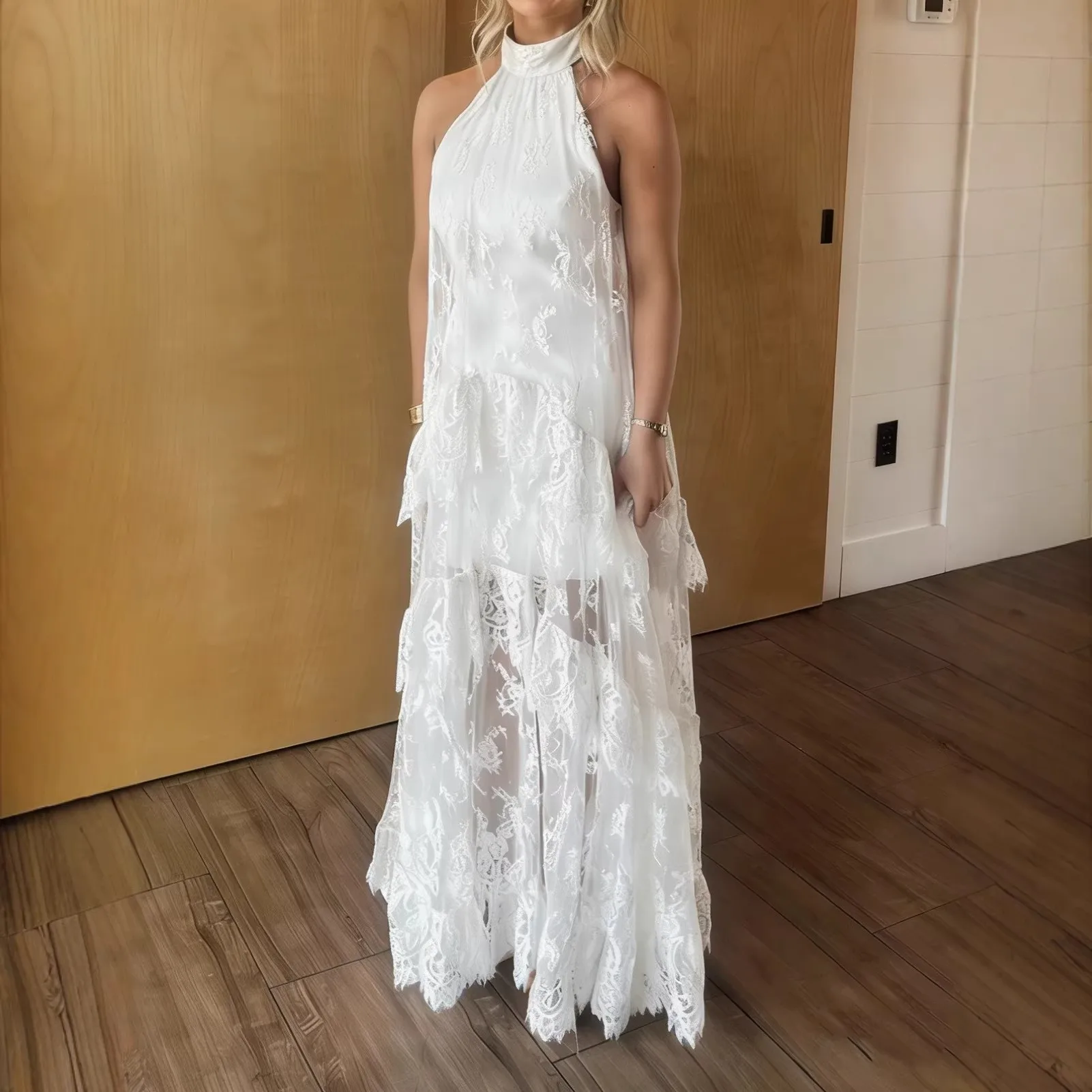 Sleeveless Halter Neck Gown Midi Waist Sweet and Fresh with Elegant Patchwork Slit Cut Out Single Dress Summer for Women