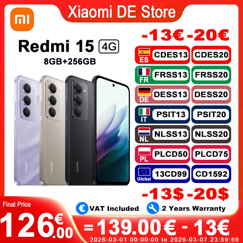 Global Version Redmi 15 4G Smartphone 8gb/256gb Powerful Snapdragon® 685 AI Dual Camera 6.9" FHD 7000mAh Xiaomi Super Battery 33W Fast Charging
