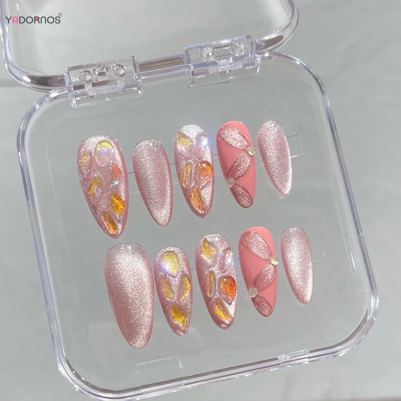 Faux yeux de chat roses pour femmes, presse portable, ballerine d'amande, faux ongles, manucure à faire soi-même, N64.N64.Glitter, 10 pièces