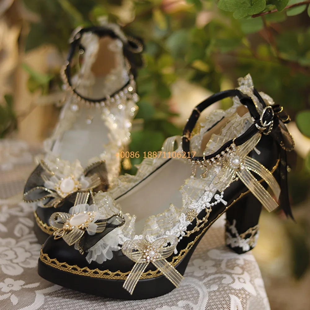 Lace Chain Pearl Elegant Wedding Shoes 2024 New Fashion Ladies Bow Thick High Heel Lolita Single Shoes Sweet Party Casual Shoes