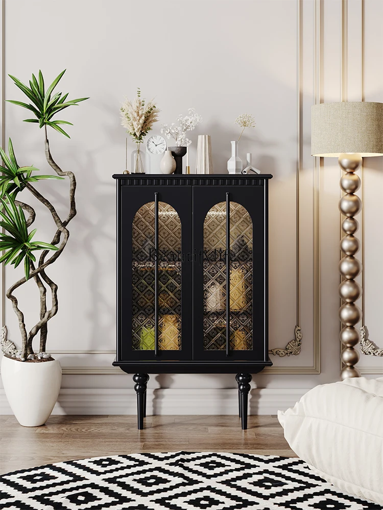 French Cream Style Entrance Cabinet Living Room High-Grade Solid Wood Changhong Glass Wine Cabinet with Light