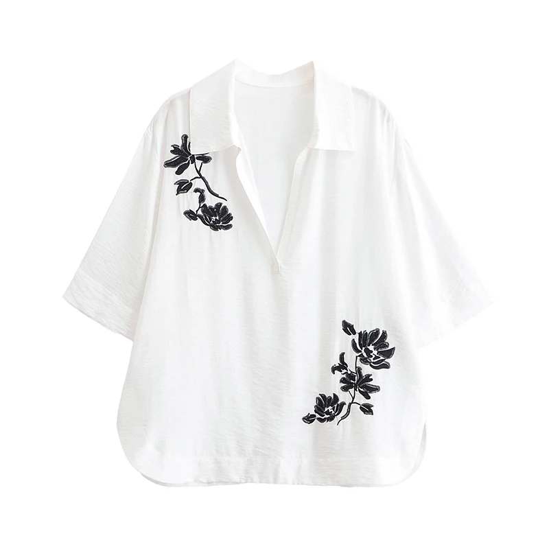 

YENKYE Fashion Sequin Embroidered Shirt Women Short Sleeve Lapel Collar White Loose Blouse Casual Summer Tops
