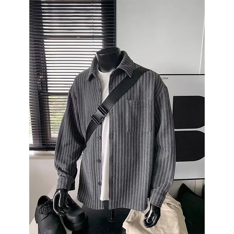 Mens American High Street Trendy Striped Thick Shirt Long Sleeve Dress Shirt Premium Vintage Loose Versatile Casual Jacket